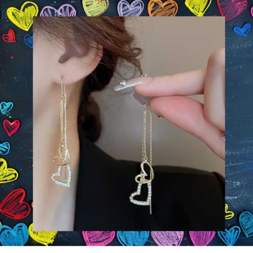 Gold & Crystal Open Hearts on Long Strands Earrings 3.15"